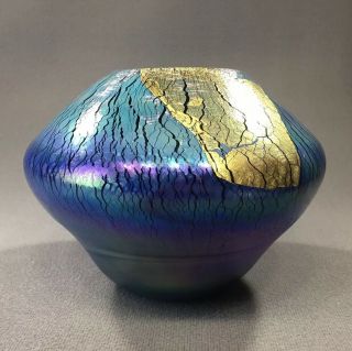 Vintage 1988 Robert Eickholt Iridescent Blue Aurene Art Glass Vase Lg 6 " X 8 "