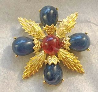 Vintage Trifari Jewels Of India Moghul Cab Gripoix Glass Cross Pin Brooch