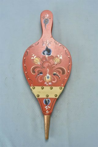 Vintage Fireplace Hearth Bellows Hand Painted Folk Art Red Wood Tan Leather 0996