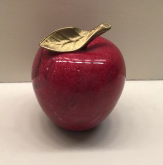 Red Swirled Marble Apple Paperweight With Gold Brass Leaf Stem - Teachers,  Gift