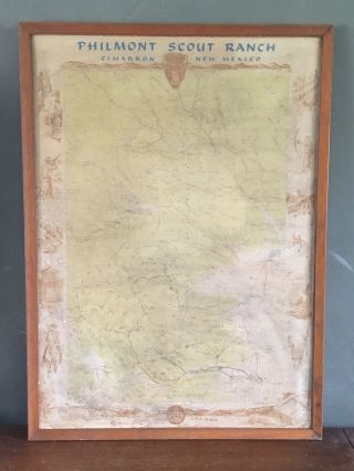 Vtg Philmont Boy Scout Ranch Cimarron Nm Framed Lithograph Print On Board Map
