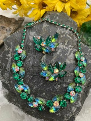 Vintage Juliana D&e Ab Bi - Color Blue Green Rhinestone Necklace & Earrings Set