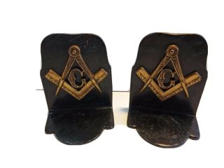 Vintage Antique Pair Masonic Bookends - Steel/heavy Iron With Brass Lettering