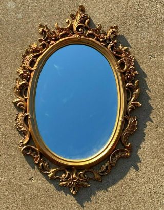 Vintage Carved Oval Wall Mirror / Mid Century / Hollywood Regency