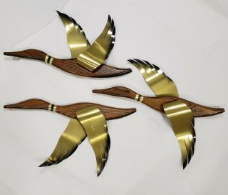 Vintage Mid Century Modern Masketeers 3 Flying Geese Ducks Wall Art Wood Brass