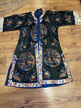 Vintage Antique Embroidered Chinese Silk Robe Black With Blue Lining