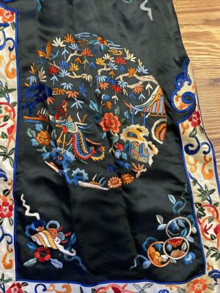 Vintage Antique Embroidered Chinese Silk Robe Black With Blue Lining 2