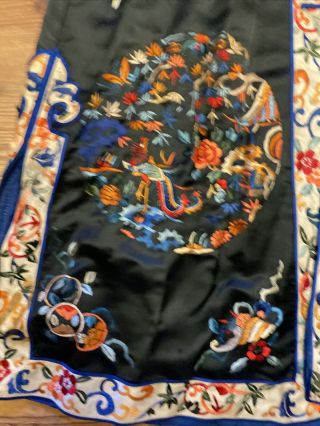 Vintage Antique Embroidered Chinese Silk Robe Black With Blue Lining 3