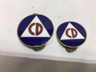 Rare (2) Cd Civil Defense Pins - Porcelain On Metal 1 1/4 "