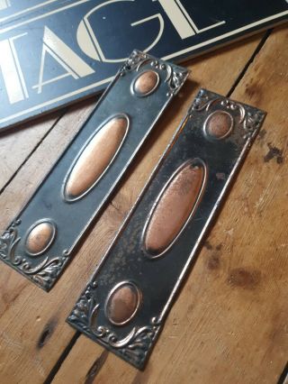 Pair Antique Old Vintage Copper Tin Art Nouveau Finger Push Door Plate