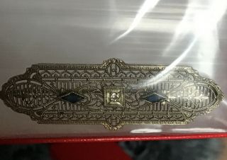 Antique Art Deco 10K White Gold Filigree Diamond and Sapphire Bar Pin Brooch 3