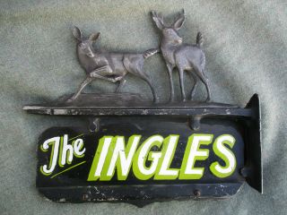 Vintage 1950s ? " The Ingles " Family Name Home House Metal Flange Sign W Deer