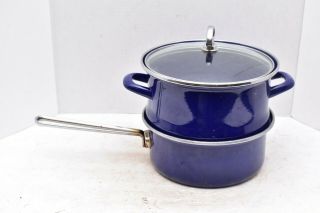 Vtg 3 Pc Steamer Pot Set Chantal Cobalt Blue Saucepan Cookware Pot Lidded Combo