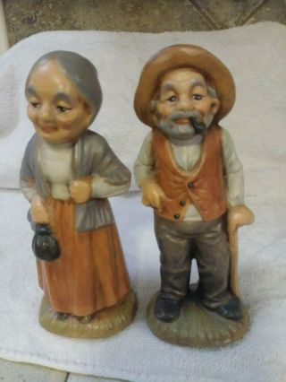 2 Rare Vintage Old Man And Lady Granny & Grandpa Figurines Signed By Artist