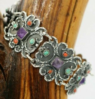 Vtg Matl Etruscan Style Mexico 925 Amethyst Turquoise & Coral Bracelet Taxco