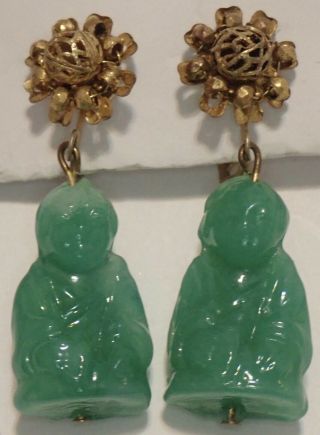 Vintage Miriam Haskell Gilt Brass Jade Green Art Glass Asian Figural Earrings