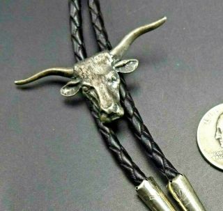 Vintage Cowboy Sterling Silver Longhorn Steer Bolo Tie,  Leather Cord 925 Tips