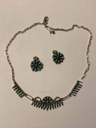 Vintage Old Pawn Native American Petit Point Turquoise Necklace Clip Earrings