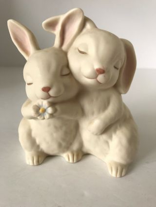 Vintage Homco 1990 Easter Bunny Rabbits " He Loves Me " Porcelain Figurine