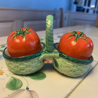 Vintage Salt & Pepper Shakers: Occupied Japan Tomatoes In A Basket 3 Pce Nester