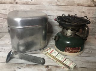 Vintage Coleman White Gas Camp Stove 502 Aluminum Case Extra Fuel Supply Tube