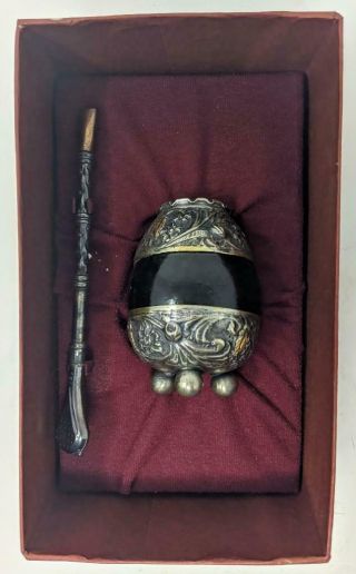 Vintage Yerba Mate Gourd And Bombilla Alpaca Silver And 18 K Gold Tea Strainer