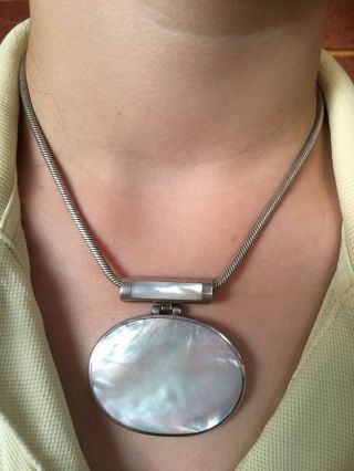Vintage,  Huge,  Heavy,  Solid Sterling Silver & Mother Of Pearl Pendant,  Chain.