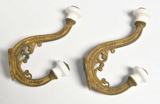 Vintage Brass Victorian Style Hat Or Coat Hooks With Porcelain Tips