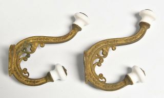 VINTAGE BRASS VICTORIAN STYLE HAT OR COAT HOOKS WITH PORCELAIN TIPS 3