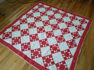 Vintage Handmade Hand Sewn Quilt Red White Sawtooth Star 63x64 Repair