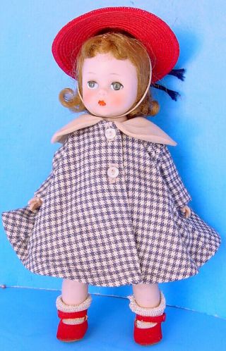 1950s Madame Alexander 8 " Alex Walker Doll In Cotton Dress & Blue Coat