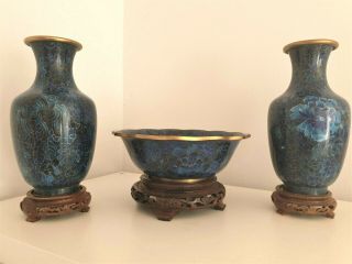 Set Of 3 Old Vintage Chinese Cloisonne Blue Floral Vases And Bowl - Large 10 "