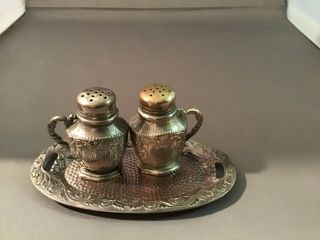 Vintage Salt And Pepper Shakers And Tray Occupied Japan Metal