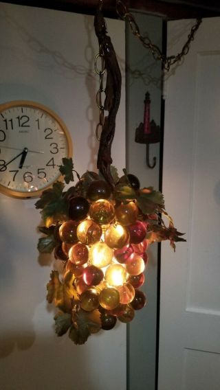 Vintage Retro Yellow Red Amber Lucite Grape Swag Lamp Light 14 " Driftwood Stem