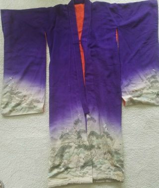 Vintage Wwii Era Japanese Silk Cranes Purple Red Lined Kimono Hand Stitched 52 "