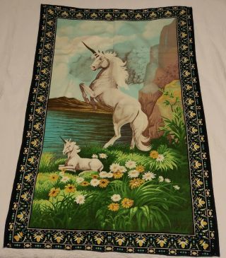 Vintage 1970’s Large Cloth Wall Tapestry Unicorn Retro 35” X 50” Turkey