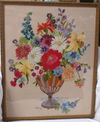 Vtg 1973 Framed Crewel Embroidery Retro Floral Flower Picture 21x17” Completed