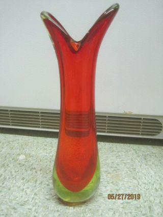 Vintage Italy Hand Blown Large Art Glass Vase Yellow To Orange To Red