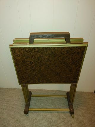 Vintage Mid Century Tv Tray Set Of 4 W Rolling Storage Cart Faux Wood Burl