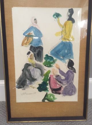 Vintage Framed Multi Colored Women Watercolor By S.  Holzman 1965 Jewish Art