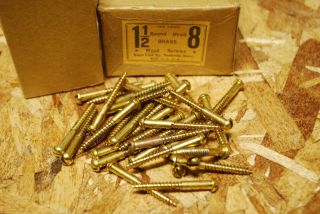 Qty (35) 8 X 1 - 1/2 " Round Head Brass Wood Screws - Eagle Lock - Nos W Box Bs02