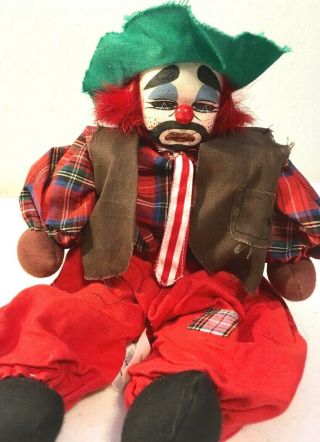 Vintage Q - Tee Sitting Hobo Clown Doll,  Hand Painted With Tags & Feather Hair