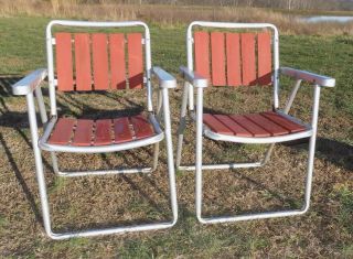 Pair Vintage Folding Wood Slats Aluminum Lawn Chairs Mcm Metal Arms