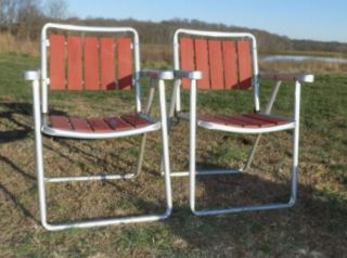 Pair Vintage Folding Wood Slats Aluminum Lawn Chairs MCM Metal Arms 2