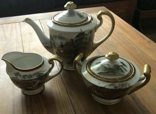 Vintage Hand Painted Iwane Japanese Fine China Tea Pot,  Sugar Bowl,  Creamer
