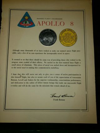 Vintage 1968 Apollo 8 Manned Flight Awareness Medallion And Certificate