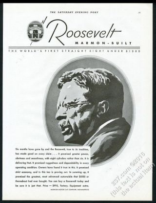 1929 Theodore Roosevelt Portrait Marmon Car Vintage Print Ad
