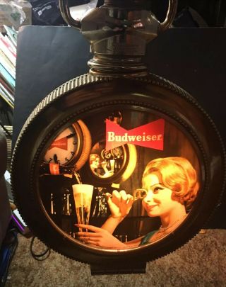 Vtg Budweiser 2 Sided Rotating Pocket Watch Lighted Sign W/ Lighted Fob 2