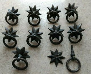 Antique Drawer Pulls 10 2 " Cast Iron 2 Pc 1 Hole Star Ring Vtg Cabinet Handles