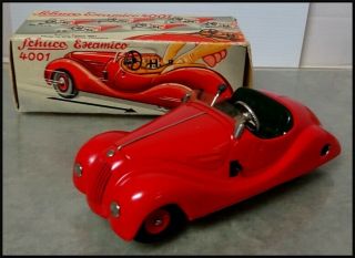 Vintage Red Schuco Examico 4001 Wind Up Toy Car & Box / No Key Germany Us Zone